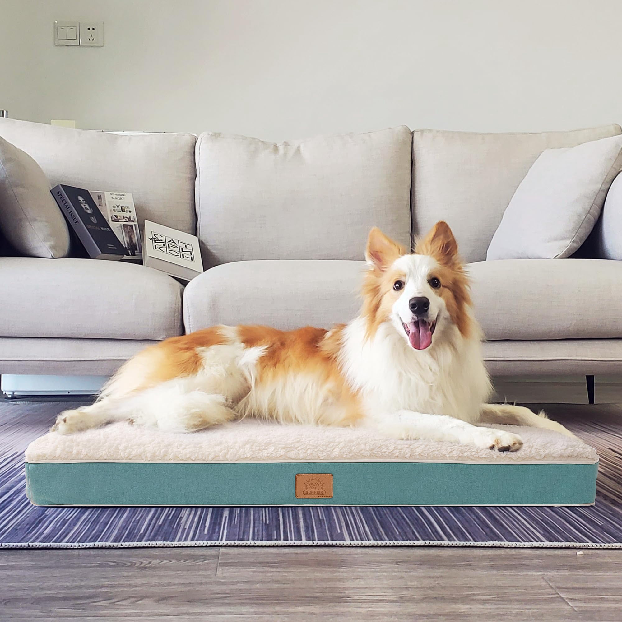 Dog Bed For Large Dogs - Big Waterproof Crate With Removable Washable Cover  Egg Foam Support Anti-slip Bottom Deluxe Plush Pet Mat (blue)