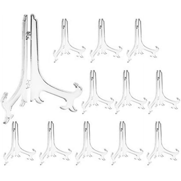 4 Inch Clear Plastic Easels or Stand/Plate Holders to Display Pictures or Other Items at Weddings, Home Decoration, Birthdays, Tables (12 Pack)