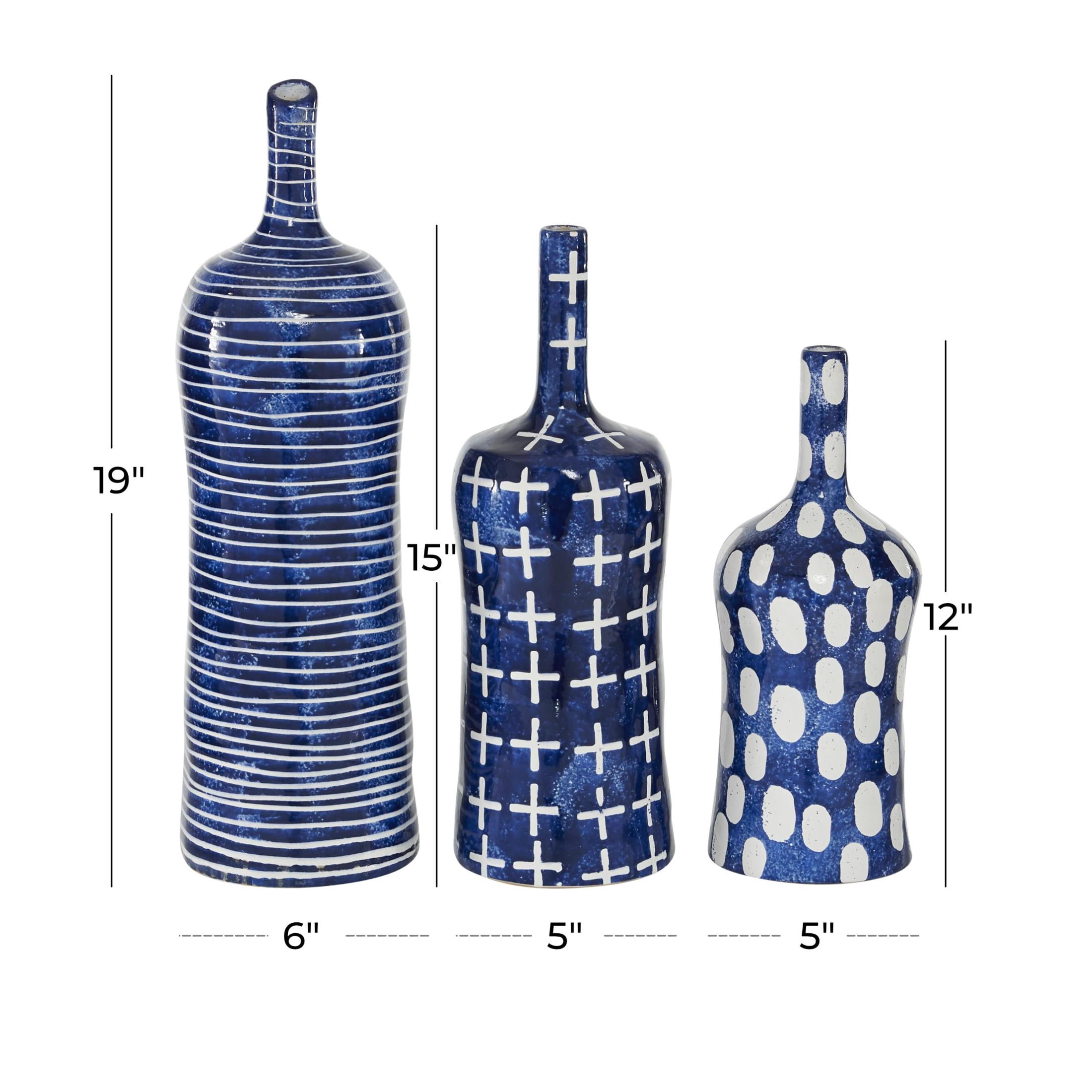 DecMode 12", 15", 19"H Blue Ceramic Vase with Varying Patterns, Set of 3
