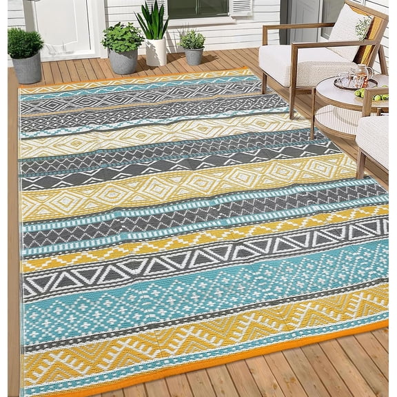 8x10 Ft Outdoor Rug for Patio Soft Stain Resistant Foldable Boho Geometric Yellow/Teal