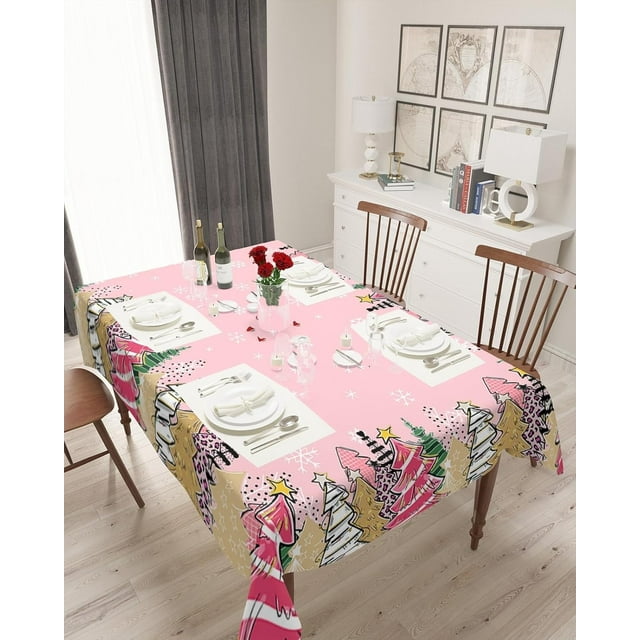 Nappe Rectangulaire Rose Sapin de Noël Imperméable et Antitaches, Nappe Essuyable Sans Plis pour Rond/rectangulaire/ovale/carré/fête, Flocon de Neige Forêt Carreaux Imprimé Léopard à Pois 60x102