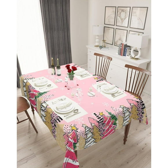 Nappe Rectangulaire Rose Sapin de Noël Imperméable et Antitaches, Nappe Essuyable Sans Plis pour Rond/rectangulaire/ovale/carré/fête, Flocon de Neige Forêt Carreaux Imprimé Léopard à Pois 60x102