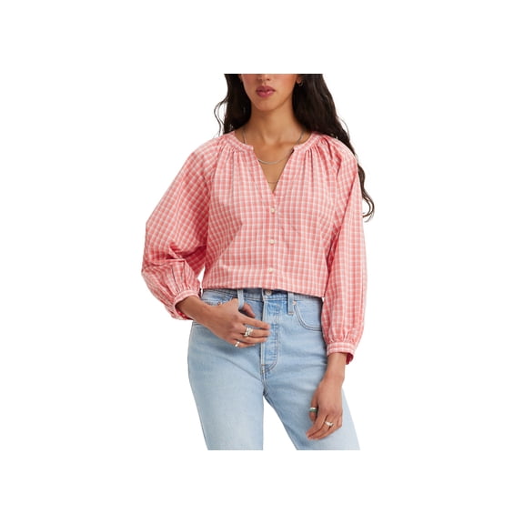 Women's Lainey Printed Cotton Button-Front Top Mona Plaid Terra Cotta XL