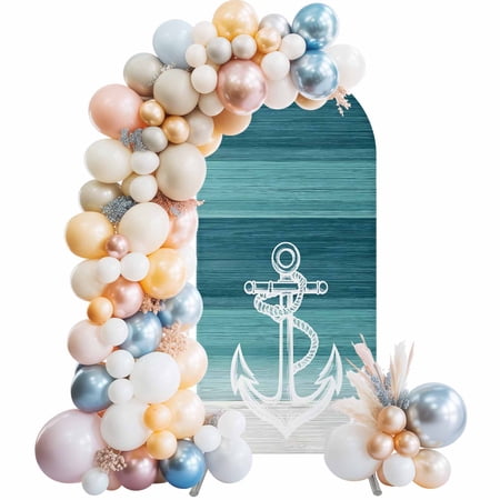 Nautical Anchor Teal Green Arch Backdrop Cover 6.6Ft, Wedding Arch Covers Stretchy Backdrop, Coastal Ocean Ombre Striped Fitted 2 Sided Arched Photo Background for Birthday Party Decorations