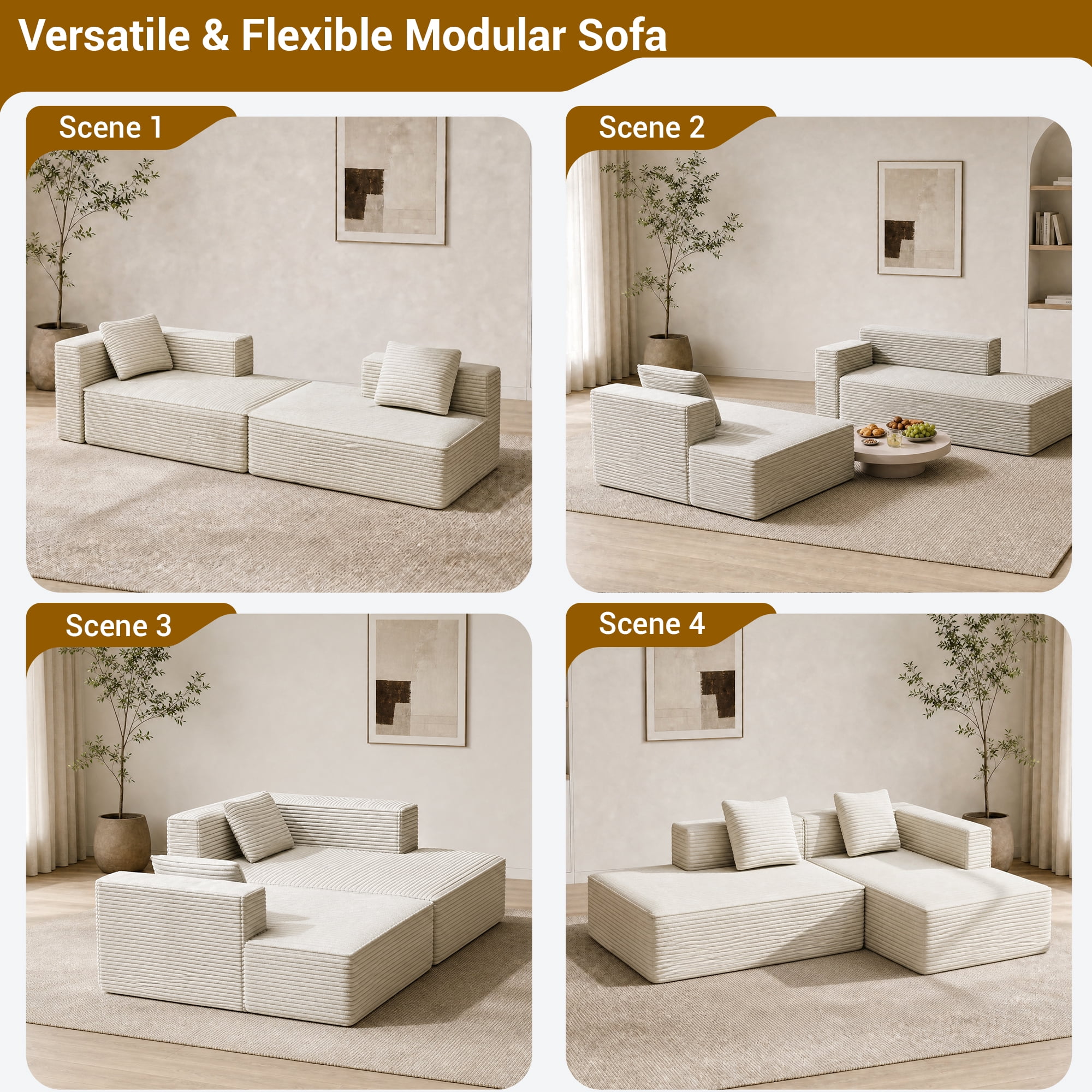 Meeyar 91" Boneless Modular Sectional Sofa with L Shaped Chaise, Cloud Couch for Living Room, Beige
