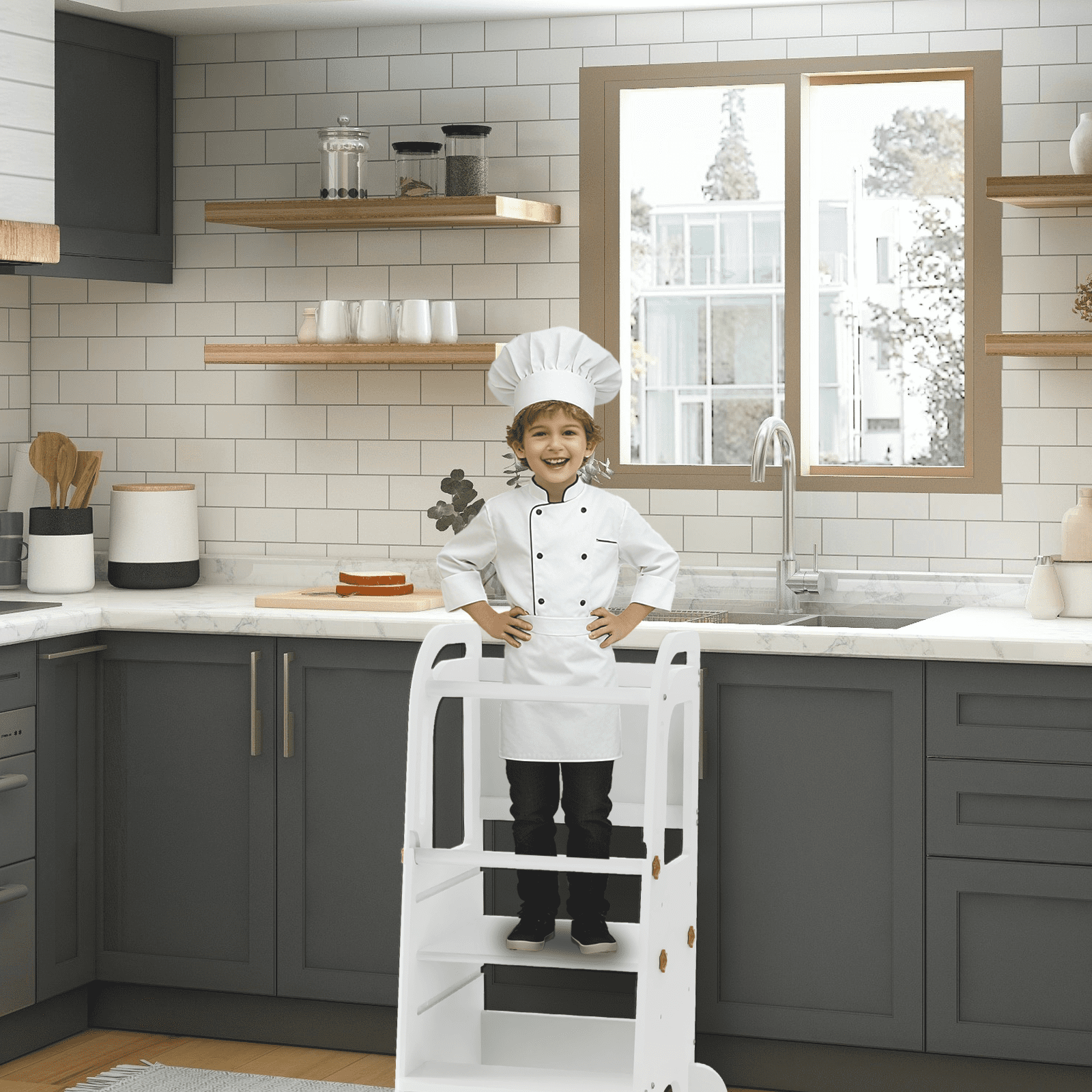 G TALECO GEAR Toddler Tower with Chalkboard, Toddler Kitchen Kids Step Stool Helper, Wooden Stool with Rounded Corner Protection Design, White