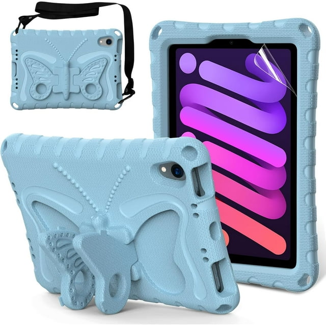 KOMI Kids Case for iPad Mini 6th Generation 2021 8.3-inch - Screen Protector Included - Butterfly Kickstand - Child Friendly EVA Foam Shockproof Cover Case with Shoulder Strap, Baby Blue