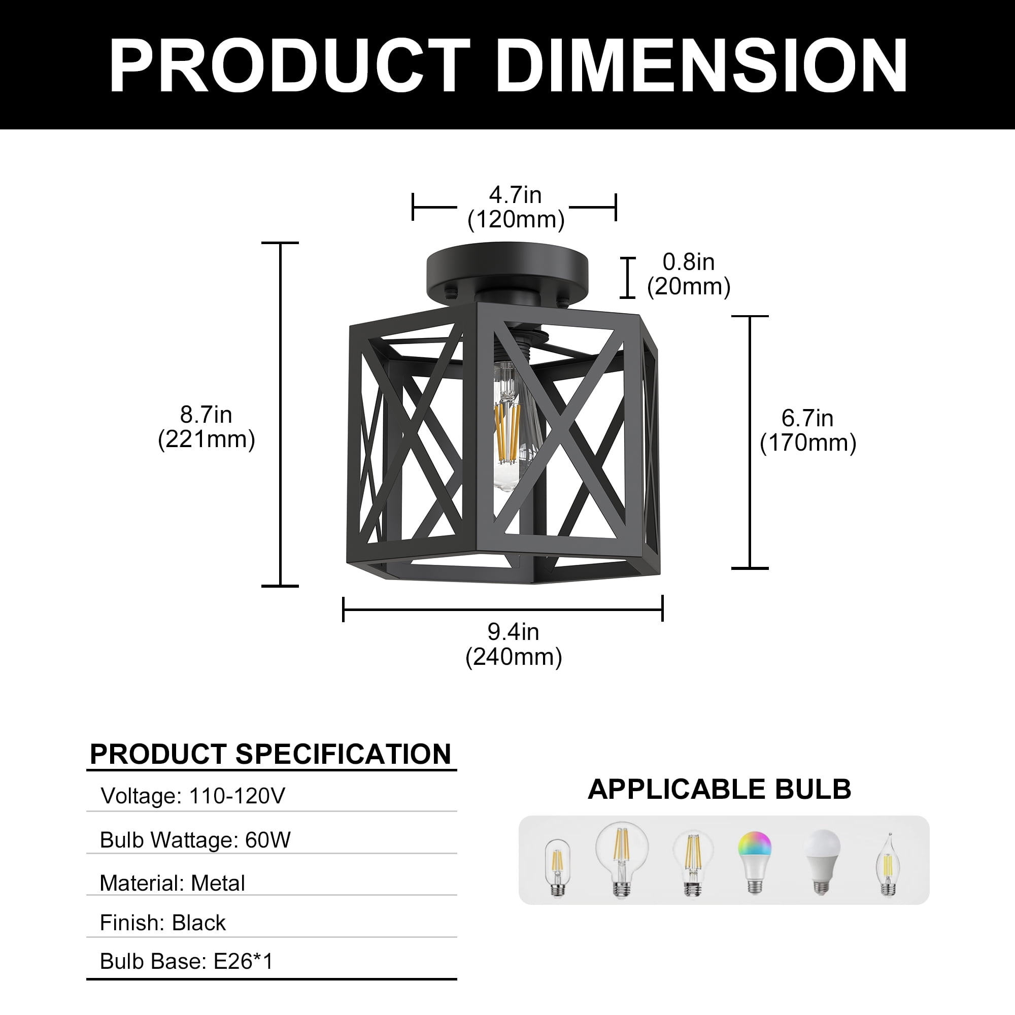 YANSUN Farmhouse Semi Flush Mount Ceiling Light, Industrial Black Hallway Light Fixture, Small Metal Cage Close to Ceiling Lights for Kitchen Living Room Porch Bedroom