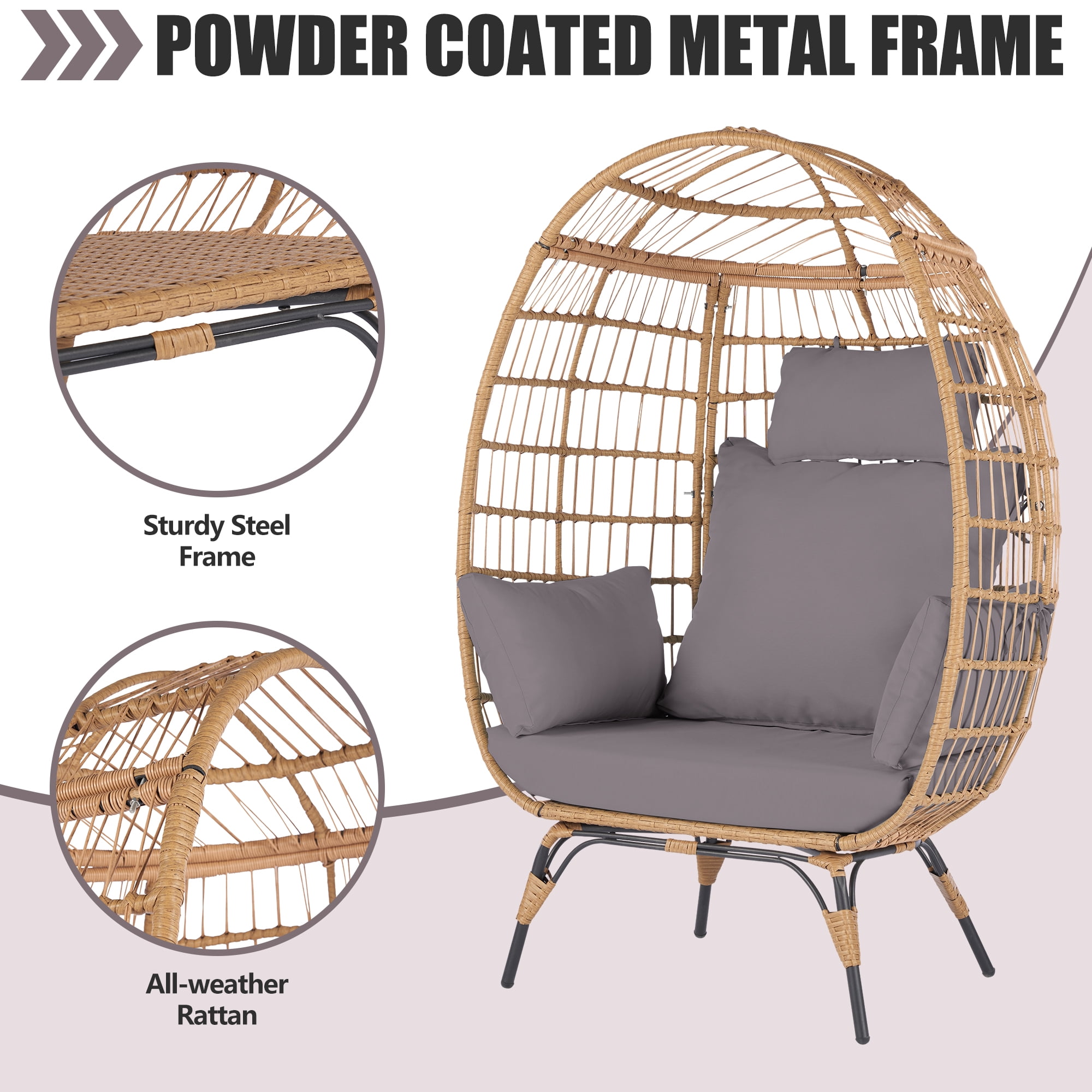 Grand patio Outdoor & Indoor Egg Chair 2PC, PE Wicker Open Weave Wood Grain  Finish Oversized Egg Cocoon Chairs with Stand Lounge Chair Comfortable for