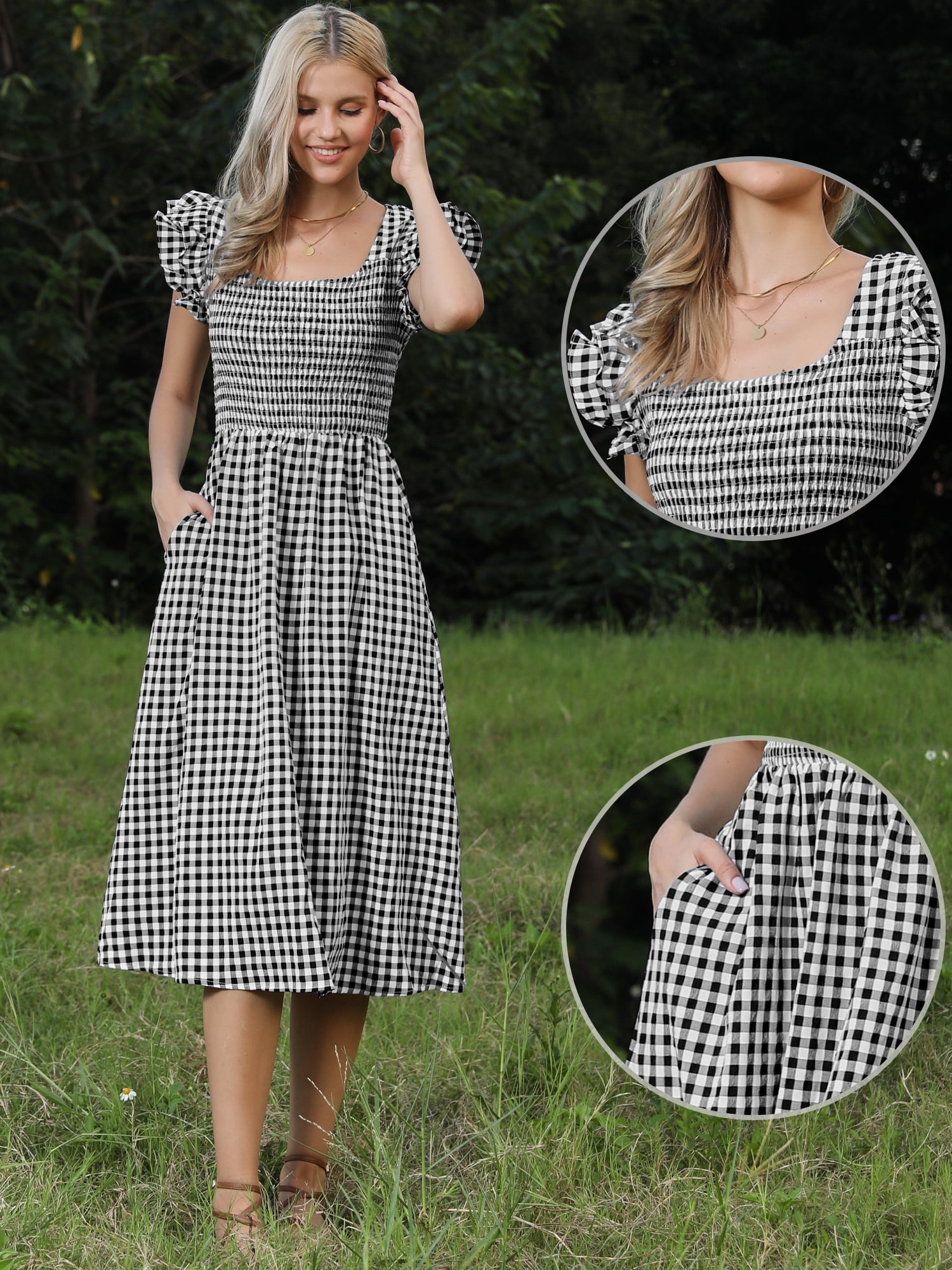 DARING DIVA Women's Gingham Sleeveless Summer Ruffle A-Line Casual Midi Dresses S Black