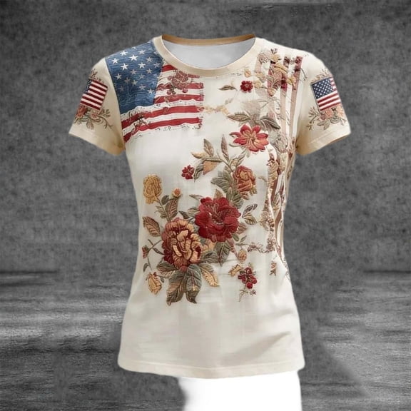 Vetsdori Women's American T Shirts Summer 4th of July Pullover Graphic Red White and Blue Independence Day Red White and Blue , Casual Crew Neck Tops for Women Short Sleeve