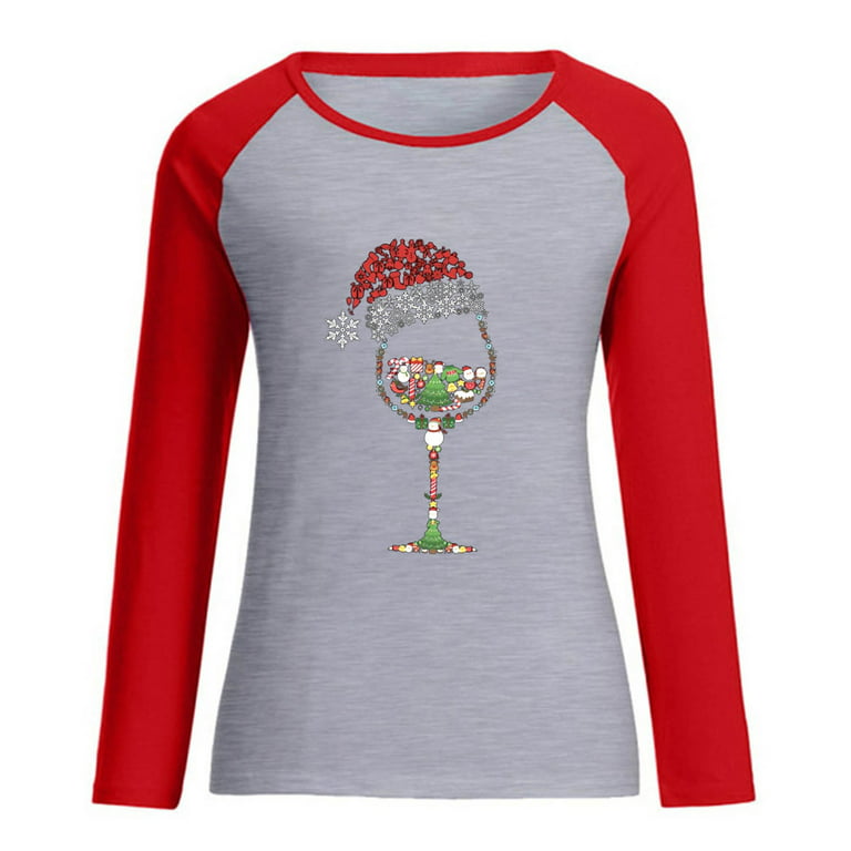 BVnarty Women's Casual Round Neck T-Shirt Raglan Color Matching Christmas Wine Glasses Santa Hats and Snow Printed Long Sleeve Tops Gray XL