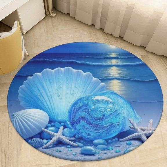 Moonlit Seashell Serenity Round Area Rugs for Bedroom Living Room, 4FT Soft Comfy Indoor Circle Carpets, Floor Mat