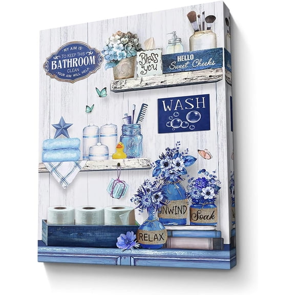 Farmhouse Bathroom Decor Wall Art Blue Bathroom Picture Country Flower Wall Decor Painting Framed Modern Artwork for Bedroom Bathroom Office Home Decor 12x16 inch