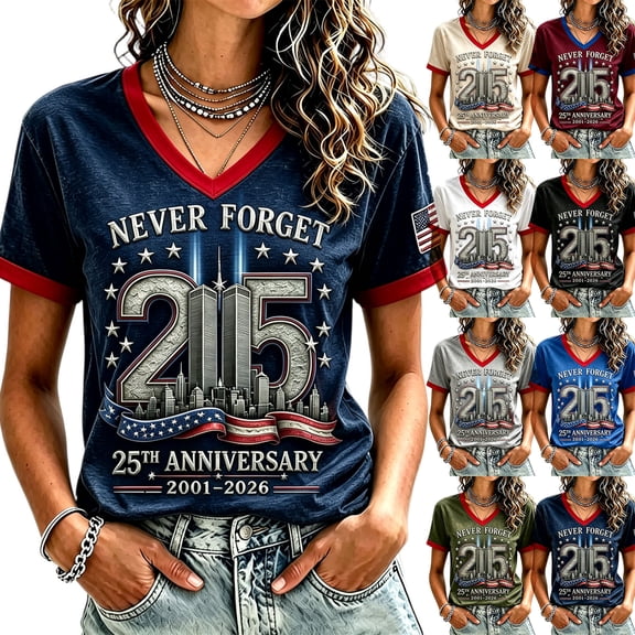 Women's Never Forget 911 Memorial T Shirt We Will Never Forget 9/11 Tee American Flag Patriotic Shirt, 3XL