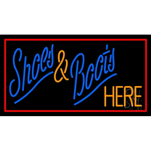 Shoes And Boots Here With Border LED Neon Sign 13 x 24 - inches, Black Square Cut Acrylic Backing, with Dimmer - Bright and Premium built indoor LED Neon Sign for store interior Décor, Storefront.