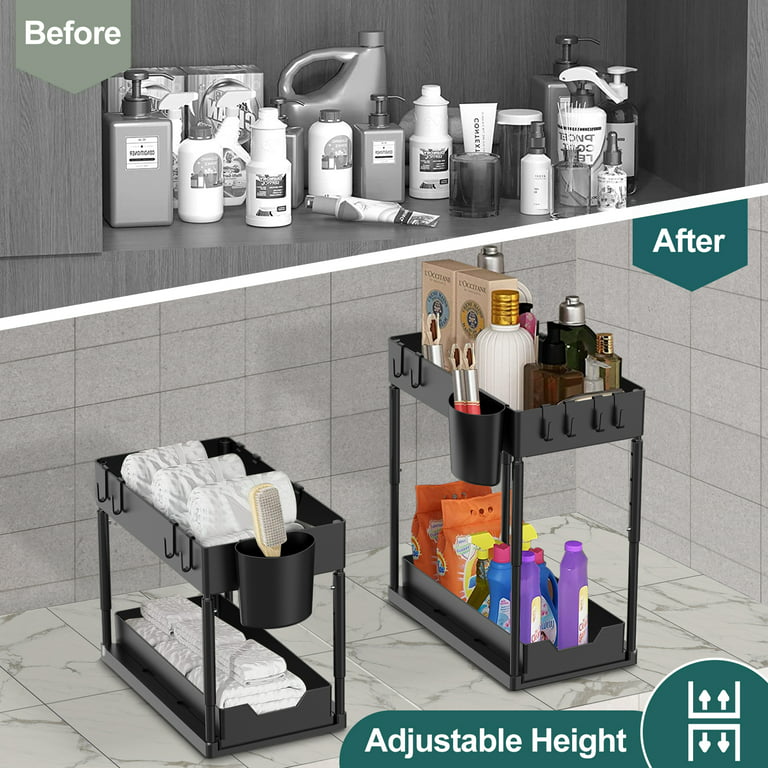 Cocobela Under Sink Organizer Adjustable Height, 2 Pack Bathroom Cabinet Organizer, 2 Tier Sliding Cabinet Basket Organizer Drawer, Multi-Purpose Bath