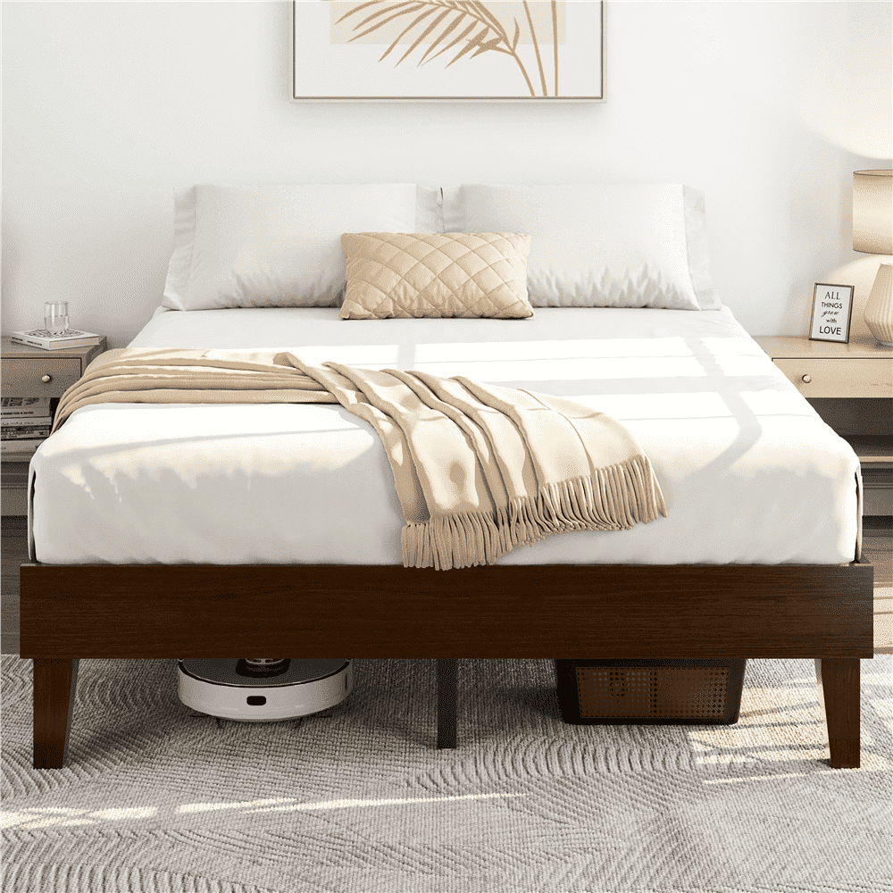 Yaheetech Queen Size Solid Wood Platform Bed Frame with Slat Support, Dark Walnut