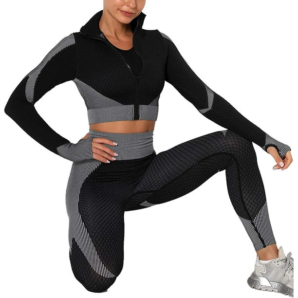 Womens Workout Tracksuit 2 Pieces Set High Waist Leggings and Long Sleeve  Crop Top Yoga Activewear with Front Zipper 