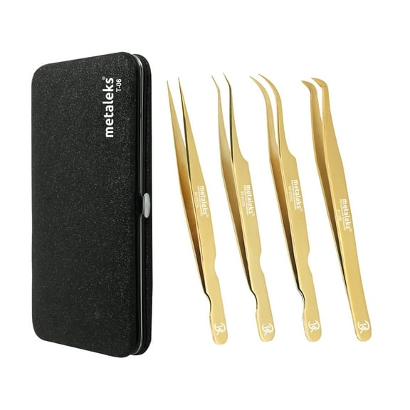 4PCS - 12CM Golden Titanium Coated Eyelash Extension Tweezers With Black Glitter Elastic Kit - Made of Japanese Stainless Steel