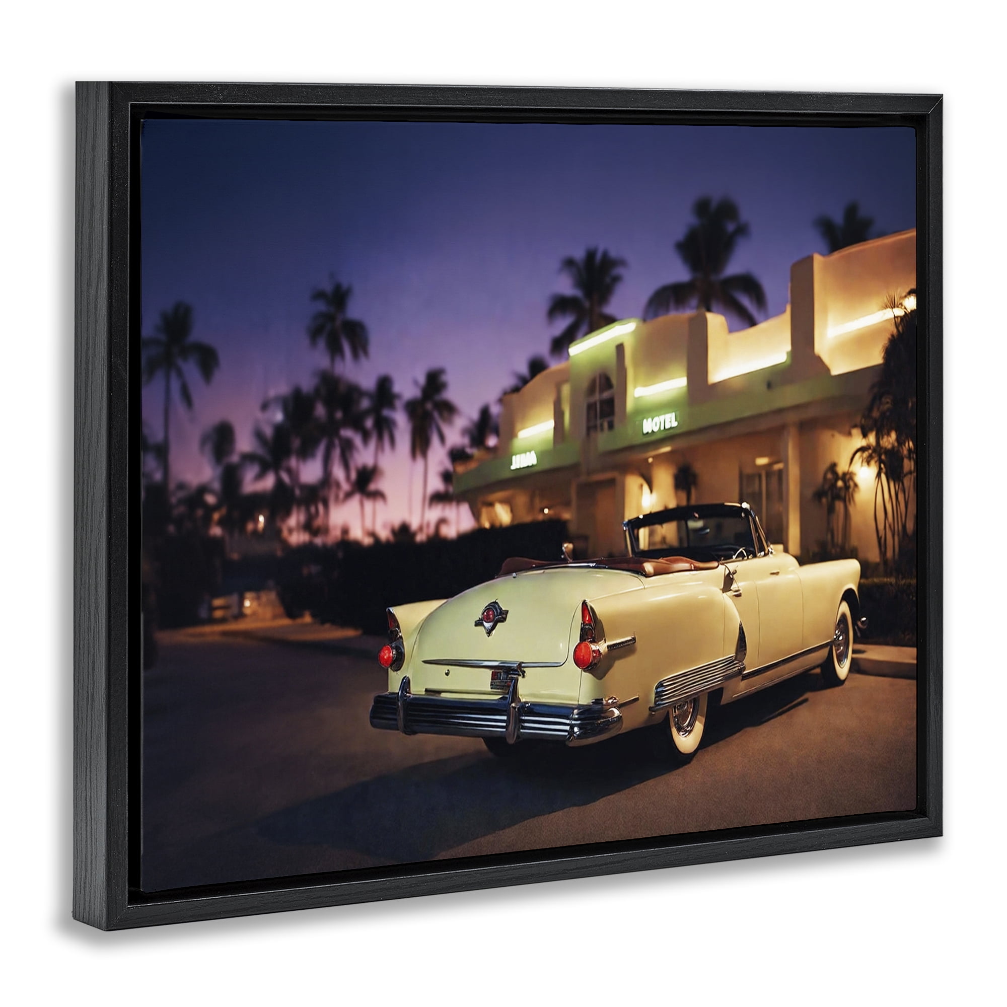 Stupell Industries Antique Car Tropical Motel Transportation Painting Black Floater Framed Canvas Art Print Wall Art, 31 x 25