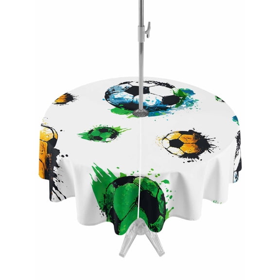 Outdoor Tablecloth with Umbrella Hole for Patio/Picnic/Party/Camping, Watercolor Football Waterproof Table Cloth Round Cover Washable, Art Modern Sporty Aesthetic (Dia 54")