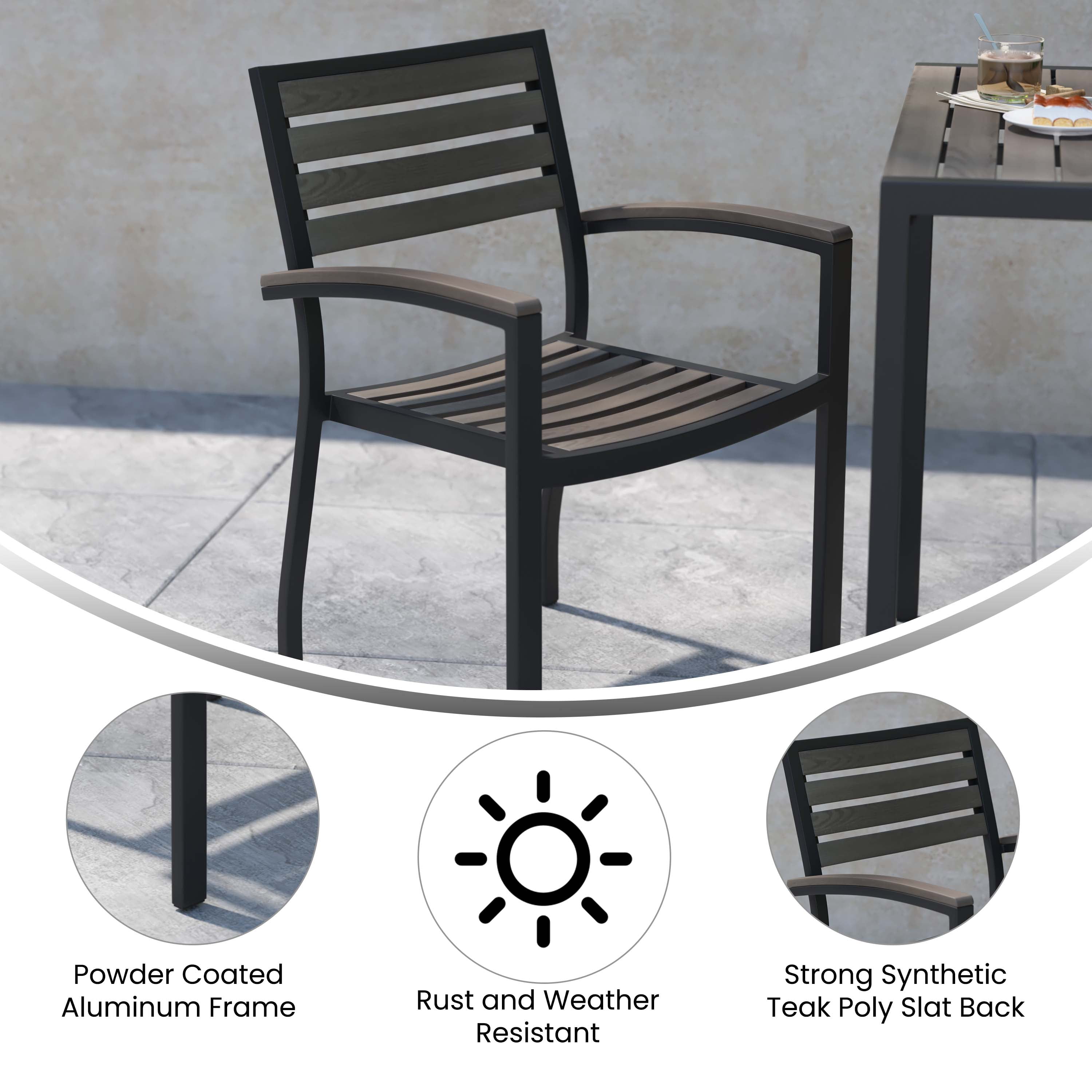 BizChair Set of 2 Outdoor Stackable Faux Teak Side Chairs - Commercial Grade Black Aluminum Patio Chairs with Synthetic Gray Wash Faux Teak Slats