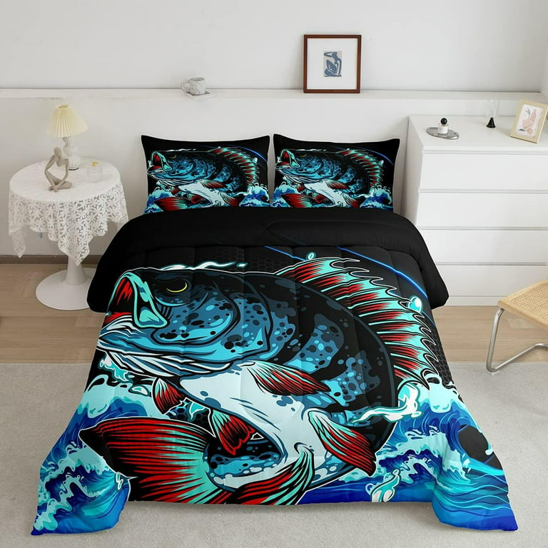 Bass Fish Comforter Set Queen for Boys Teens Fishing Lover Hunting