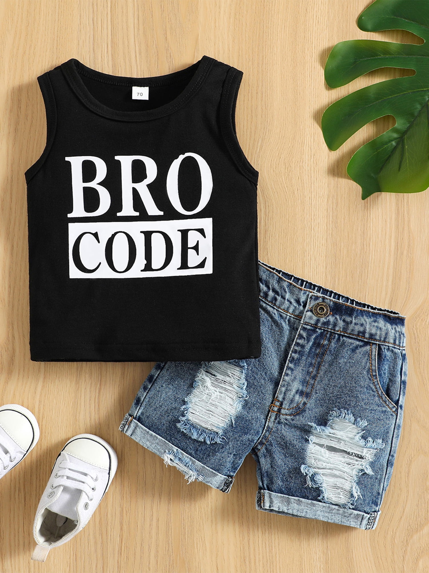 Baby Toddler Boys Summer Outfit Set Round Neck Sleeveless Letter Print Tank Tops with Ripped Denim Shorts for baby girls at 3 months to 3 years old