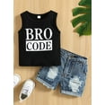 thumbnail image 3 of PaerPade Toddler Kid Boys Summer Clothes Set Round Neck Sleeveless Letter Print Tank Tops with Ripped Denim Shorts Outfit 3-24Months 2T 3T, 3 of 10