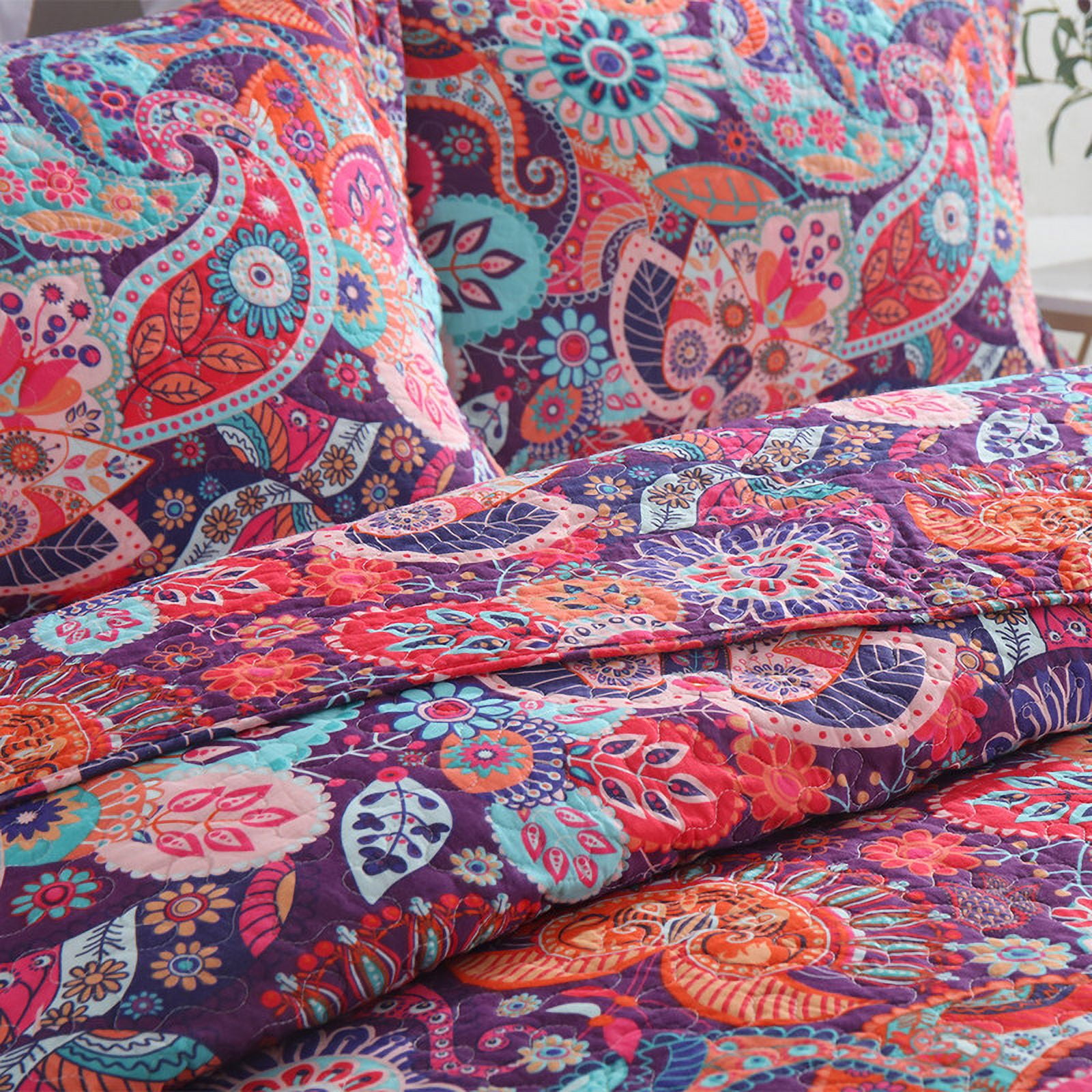 Visimisi 100%Cotton Christmas Bedspread Quilt Bedding Sets, 3 Pieces Reversible Coverlet Sets Comforters, Gorgeous Red Floral Paisley Bohemian Bedspread, King Size