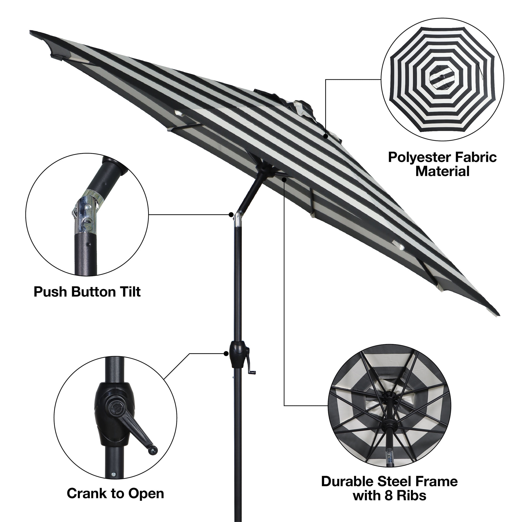 (2 pack) Mainstays 9 ft Black and White Cabana Stripe Round Market Patio Umbrella, Easy Crank