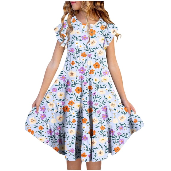 Bainana Girls Summer Dresses Floral Print Ruffled Sleeve Crew Neck Dress Fashion Stylish Little Youth Girls Holiday School Street Party Playwear Light Blue Size 6-7 Years