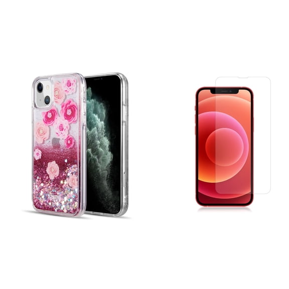 Liquid Glitter Case for iPhone 14 and Glass Screen Protector - Pink Flowers