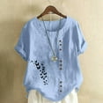 thumbnail image 1 of Staron Blouses d'Été pour Femmes Décontractées Douces à Manches Courtes Chemises en Lin et Coton Col Rond Amples d'Été Graphiques Tuniques Grande Taille Hauts Bleu Clair G, 1 of 4