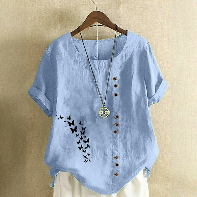 Staron Blouses d'Été pour Femmes Décontractées Douces à Manches Courtes Chemises en Lin et Coton Col Rond Amples d'Été Graphiques Tuniques Grande Taille Hauts Bleu Clair G
