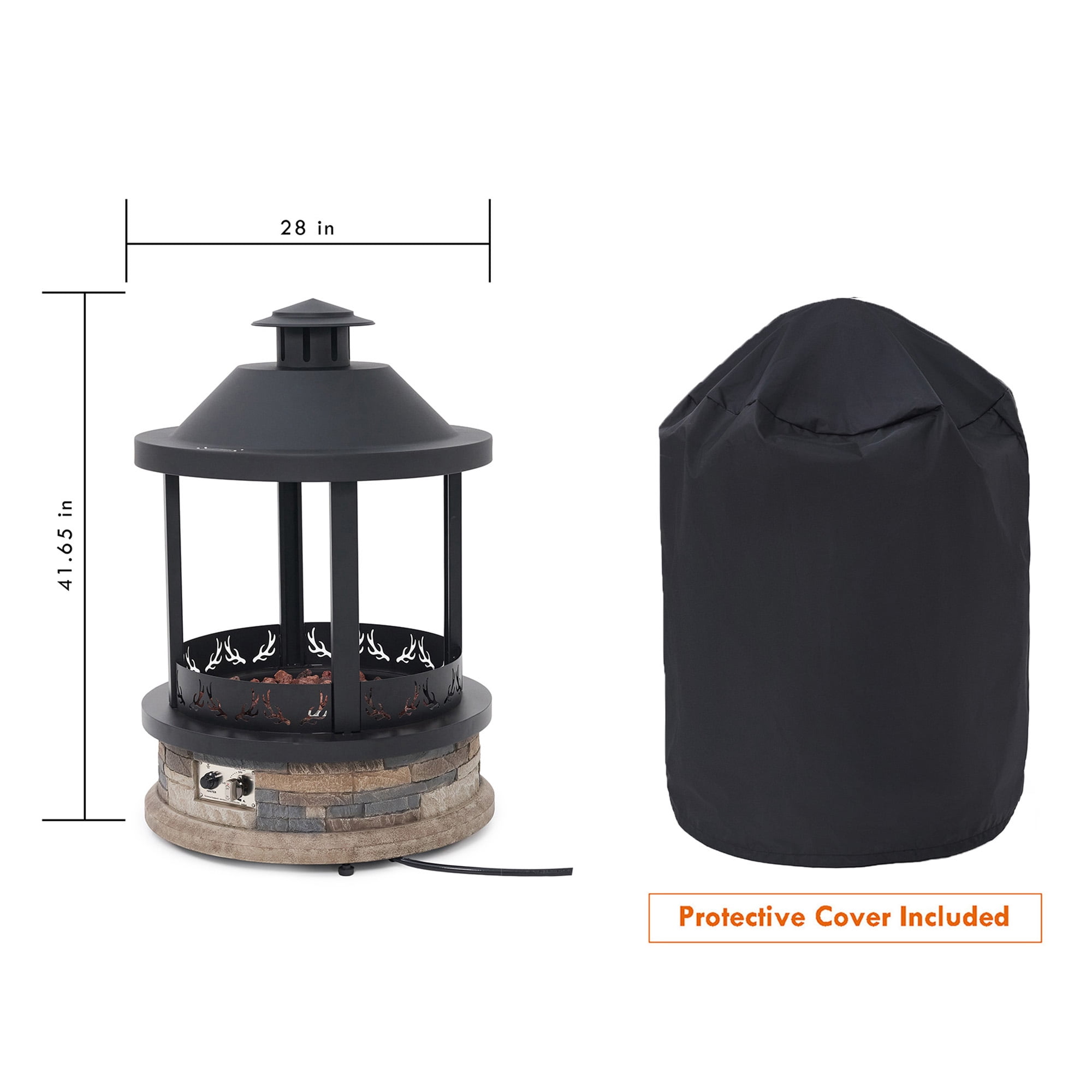 28-Inch Propane Fire Pit, 65,000 BTU Lantern Top Outdoor Gas Fire Pit, Gazabo Gas Fireplace with Faux Stone Base, Lava Rocks, Cover & Pre-attached 10ft Propane Hose