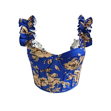 Ruimatai Women s Corset Tops Floral Print Bustier Tops Wide Strap Ruffle Trim Crop Cami Slim Fit Bustier Shapewear Lingerie