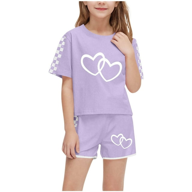 IFNWSV Ensembles d'Été pour Filles Mode Décontractée Manches Courtes Col Rond Col Bouton Imprimé Ensembles de Shorts 7 Ans