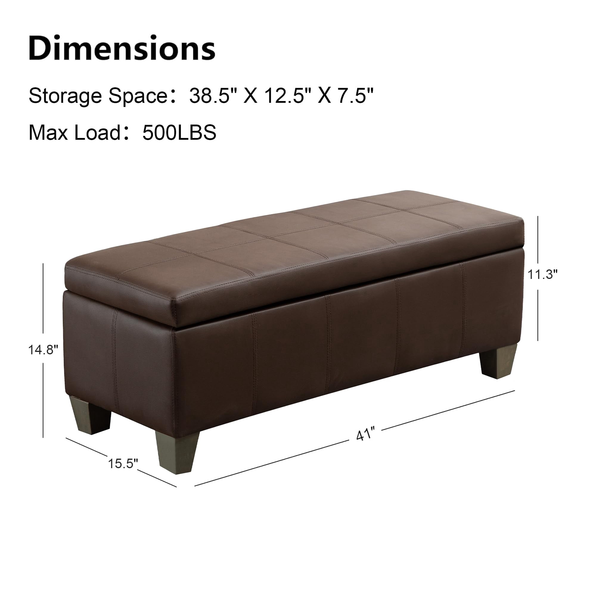 Foredo Rectangle Ottoman with Storage, Modern Faux Leather Bench with Solid Wood Legs, Ottoman for Living Room, Bedroom and Entryway, Brown