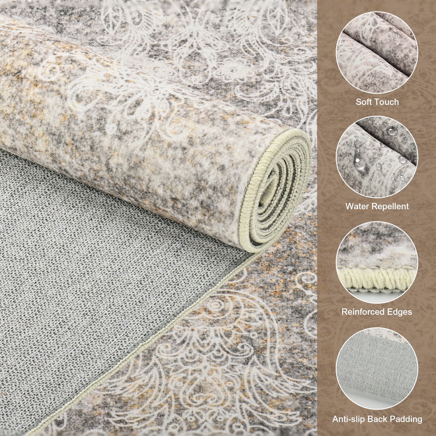 Washable Area Rug for Living Room, NovDeco 8'x10' Boho Blue Floral Print Indoor Rug, Soft Low Pile & Stain Resistant Carpet for Bedroom Dining Room