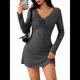 thumbnail image 2 of Vestido Corto Ajustado con Escote en V y Larga para Mujer, Otoño e Invierno, Flor Gris XL, 2 of 10
