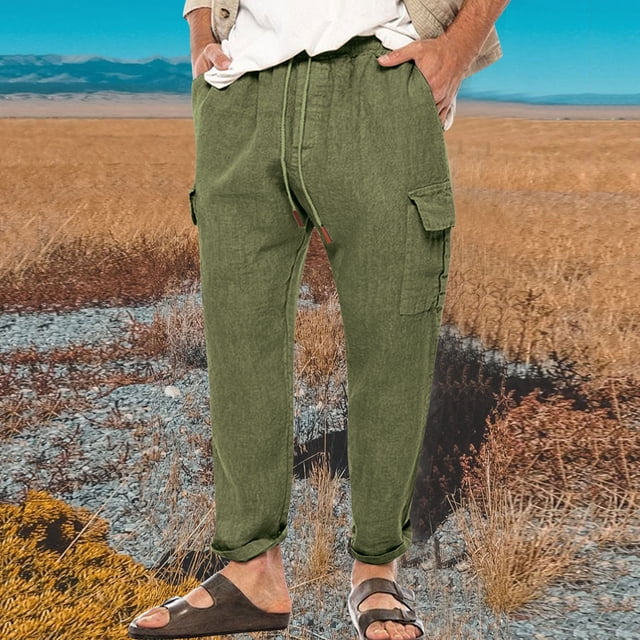 Pantalones largos de algodón y lino para hombre con cintura elástica y cordón ajustable, pantalones casuales de uso diario, pantalones deportivos, pantalones para hombre
