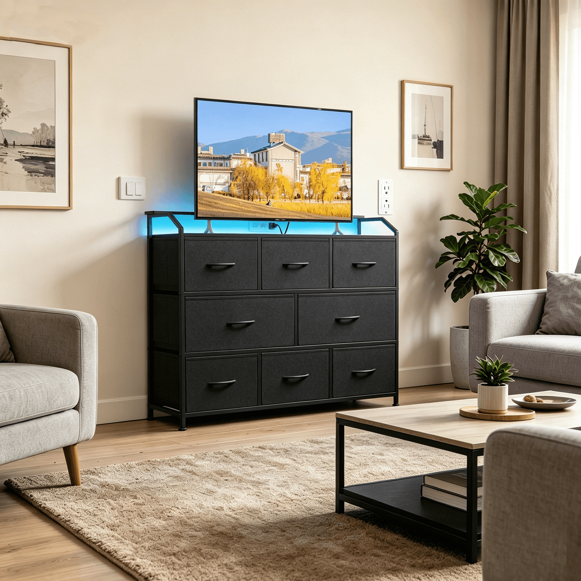 Betcozy 9 Drawer TV Stand with LED Lights & Power Outlet, 35" Tall Dresser for Bedroom & Living Room, Entertainment Center with Charging Station, 1.5mm Heavy-Duty Frame Storage Tower, Black
