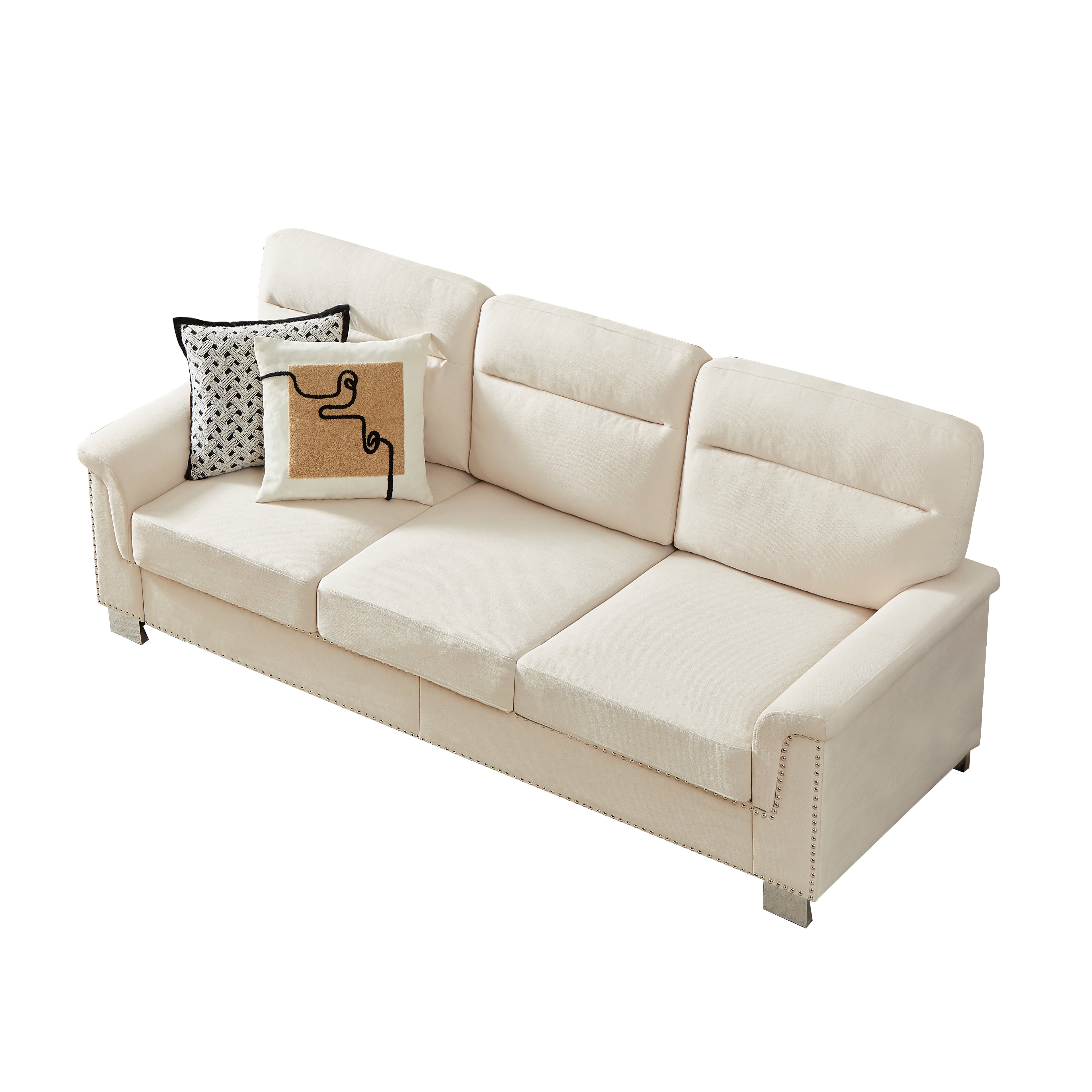 Sofa, 3 Seater Sofa, Couch, Compressed 82 Inch Modern Fabric Sofa with Snowfleece Upholstery and Curved Armrests for Living Room or Bedroom, Beige