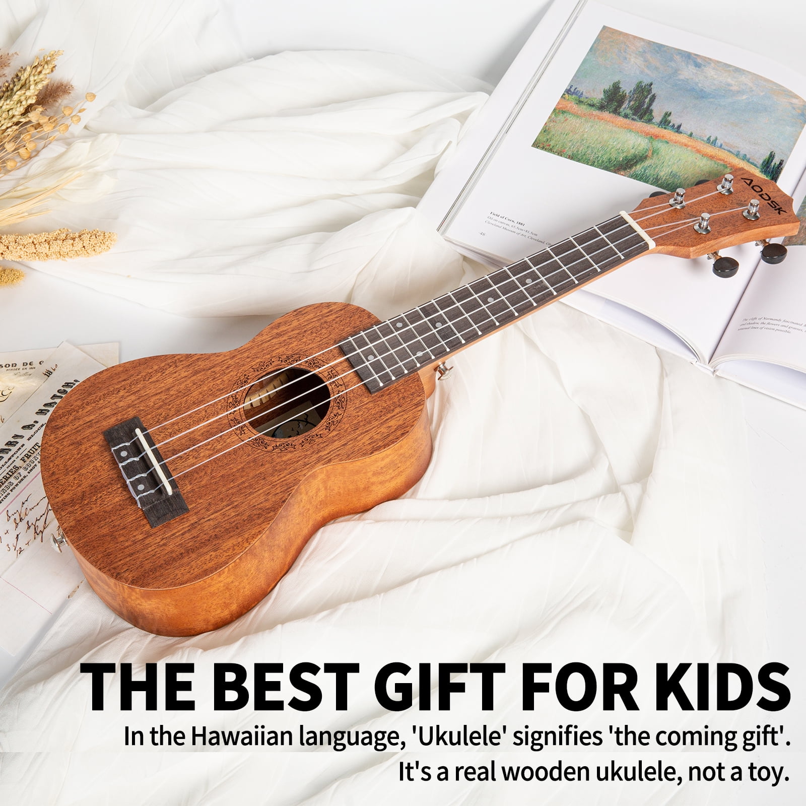 AODSK  21"  Ukulele Kit with Case, Clip-On Tuner, Strap, Nylon Strings, Picks, Online Lesson, Ukelele Beginner Series (Natural)
