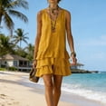 thumbnail image 5 of Women's Cotton Linen V Neck Sleeveless Mini Dress Babydoll Summer Cute Layered Ruffle Swing Tank Dress, 5 of 7