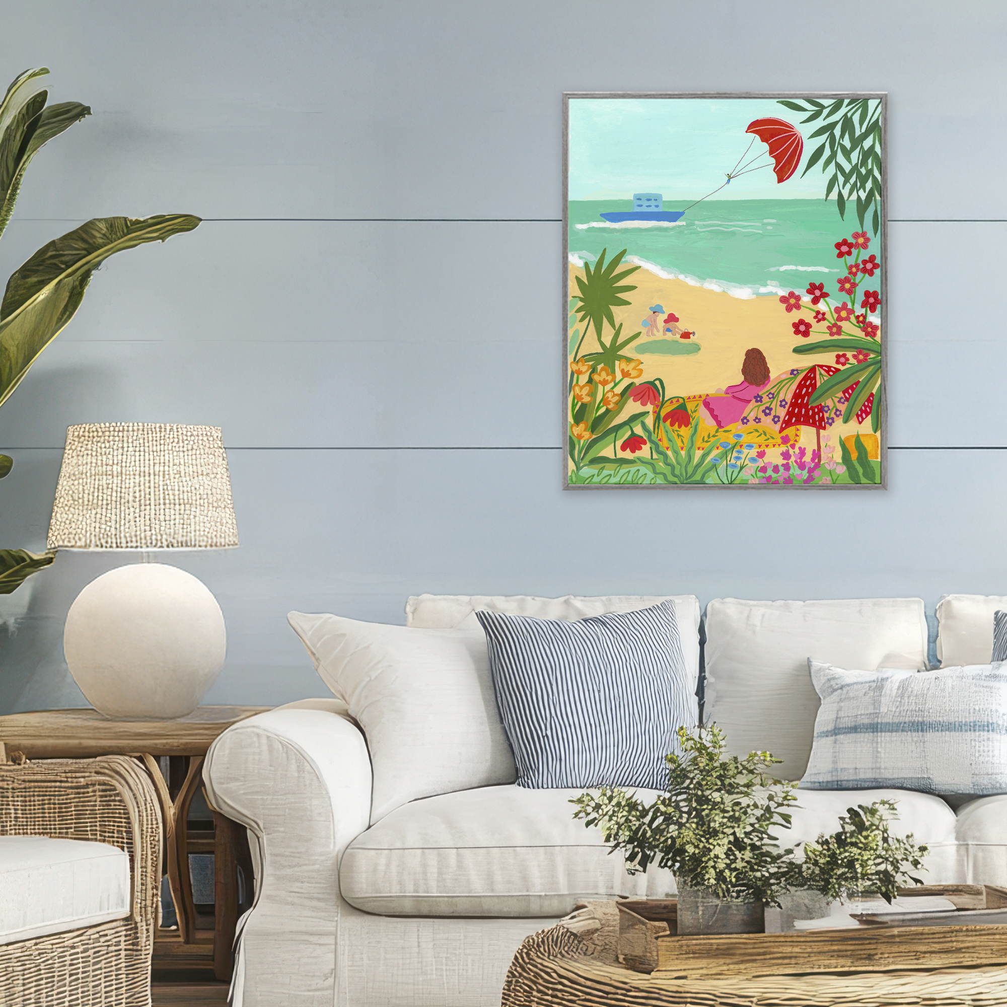 Beach And Flowers View Gray Framed Giclee Art, design by Nabeela Rumi