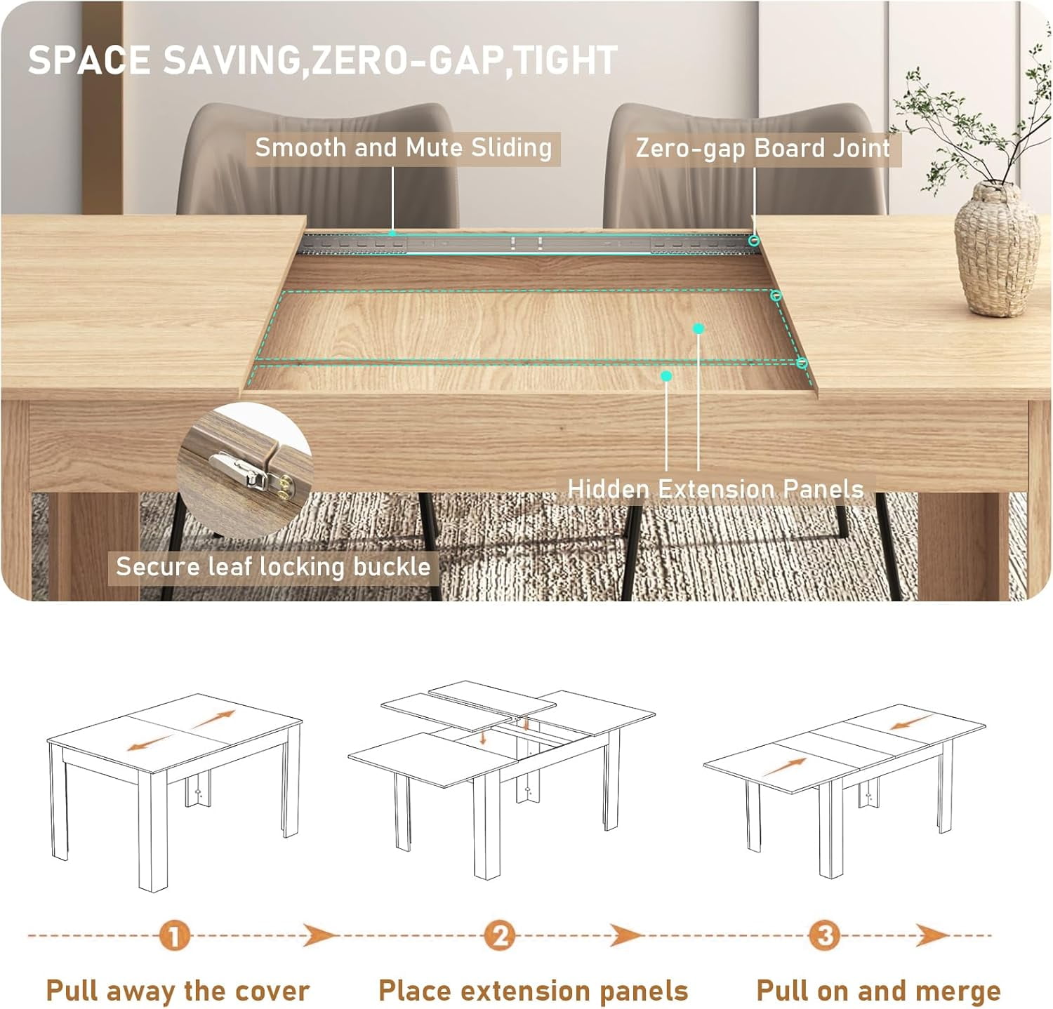 ChVans Large Mobile Extendable Dining Table for 6-10, Modern Wood Kitchen Table Rectangular Table for Dining Room, Living Room