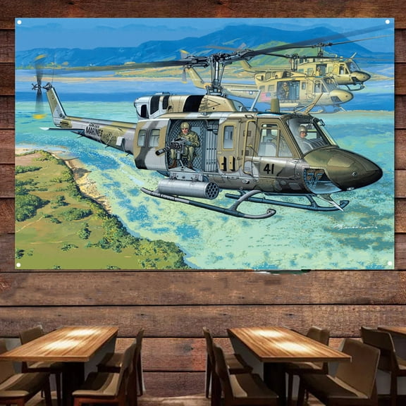 UH-1N Gunship Attack Helicopter Poster Canvas Print Art Banner - 38" x 57" Attack Aircraft Military Art Works For Air Force Fans - Aviation Hanging Flag Room Man Cave Garage Decor